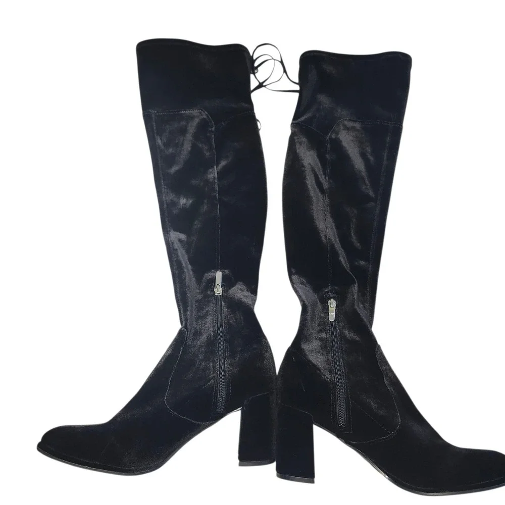 Marc Fisher Black Velvet Over the Knee Boots Block‎ Heel Lace Up Back Size 8.5